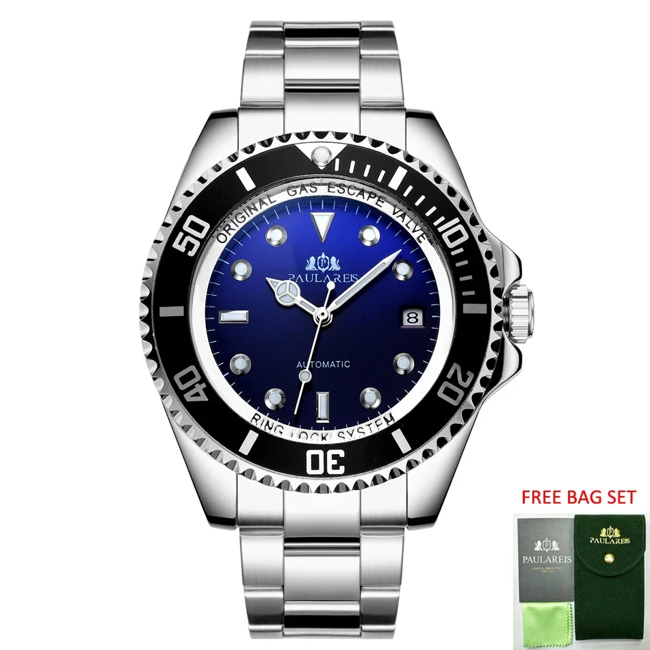 Automatic Men Watch Mechanical Self Wind Movement Stainless Steel Gold Gradient Black Blue Date