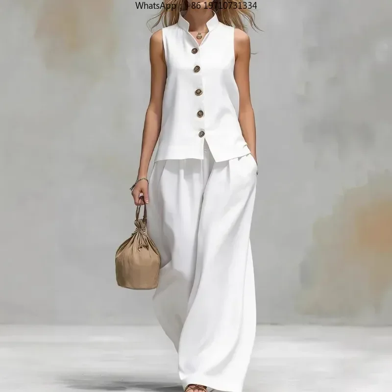 Vestidos Stand Collar Sleeveless Vest Top and Wide Leg Pants Cotton Linen Two Piece Set Summer Women Vest & Pan Two Piece Outfit