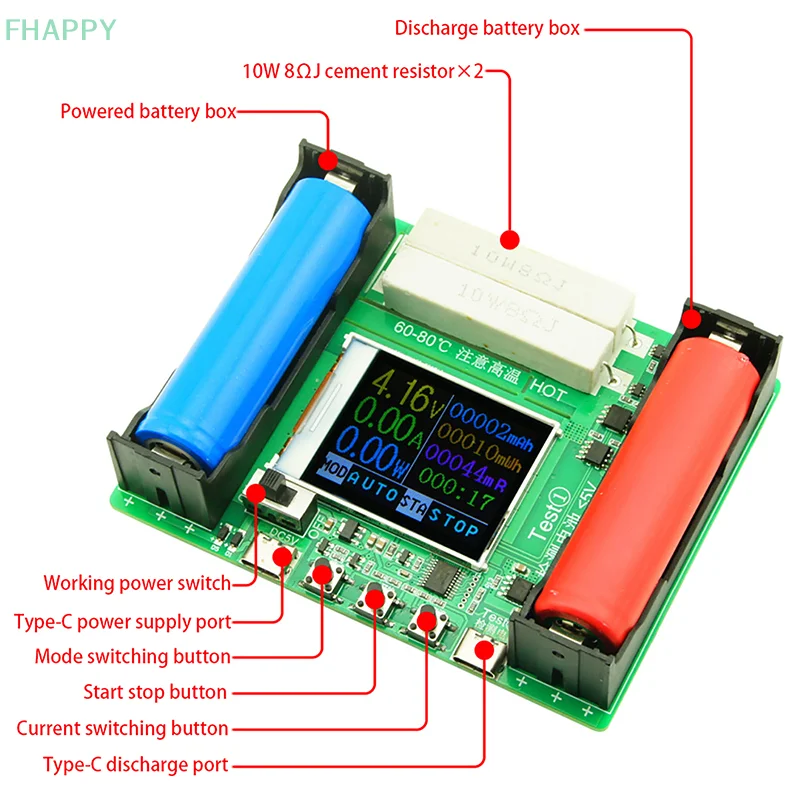 18650 Lithium Battery Capacity Tester Module MAh MWh Digital Battery Power Detector Module 18650 Battery Tester Type-C