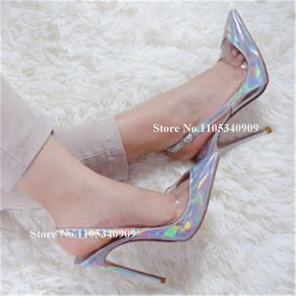 

Bondarenko Charming Silver Red Patchwork PVC Stiletto Heel Pumps Pointed Toe Cut-out Thin Heel Party Dance Shoes Big Size