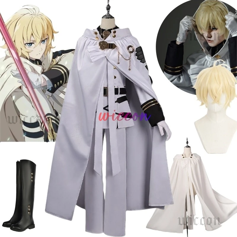 Mikaela Hyakuya Cosplay Costume Anime Seraph Of The End Cosplay Halloween White Cloak Trench Coat Pants Gloves Wig Uniform Play