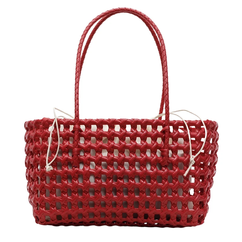 

Новая летняя сумка-тоут 2026 года из плетеного ПВХ с ажурным узором, маленькая, однотонная, с внутренним карманом, в богемном стиле, для отпуска и пляжа