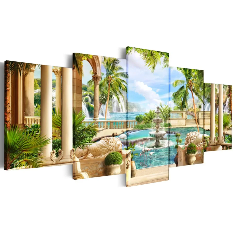 5 Pieces Full Drills Diamond Embroidery Mediterranean Garden Waterfall Natural Landscape Diy Diamond Painting Multi-Panel V584