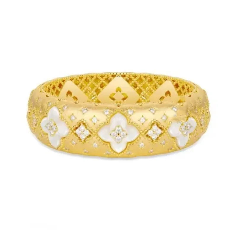 Bellux 925 Sterling Silver CZ White Mother of Pearl Flower Bracelet Vintage Stars Pattern Matt Flower Gold Bangle Fine Jewelry
