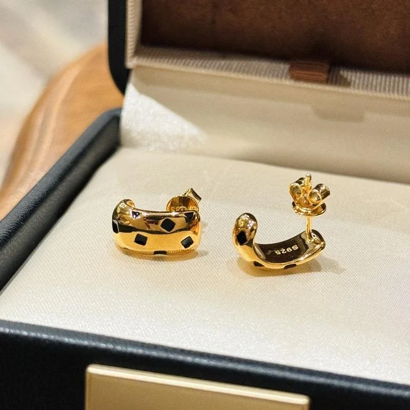 Cameo 925 Silver Synthetic Zircon Earrings with Gold Plated Leopard Pattern Fashion Jewelry Studs Earrings