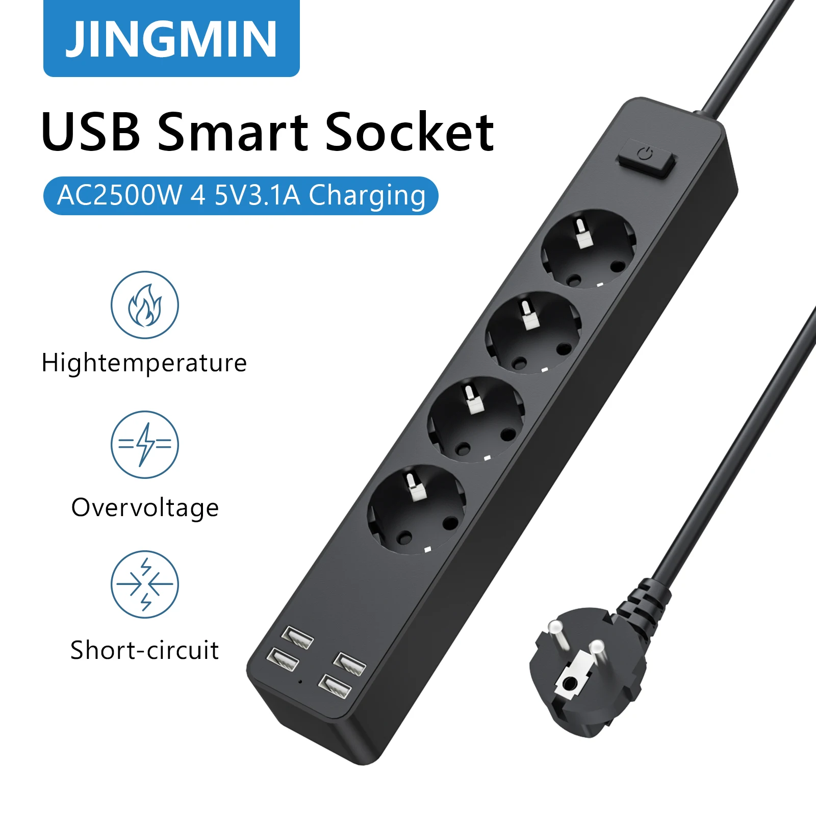 

JINGMIN Extension Electrical Socket With Switch Power Strip On Home Office EU Plug 1.5M Cable Overload Protection USB Ports Fast