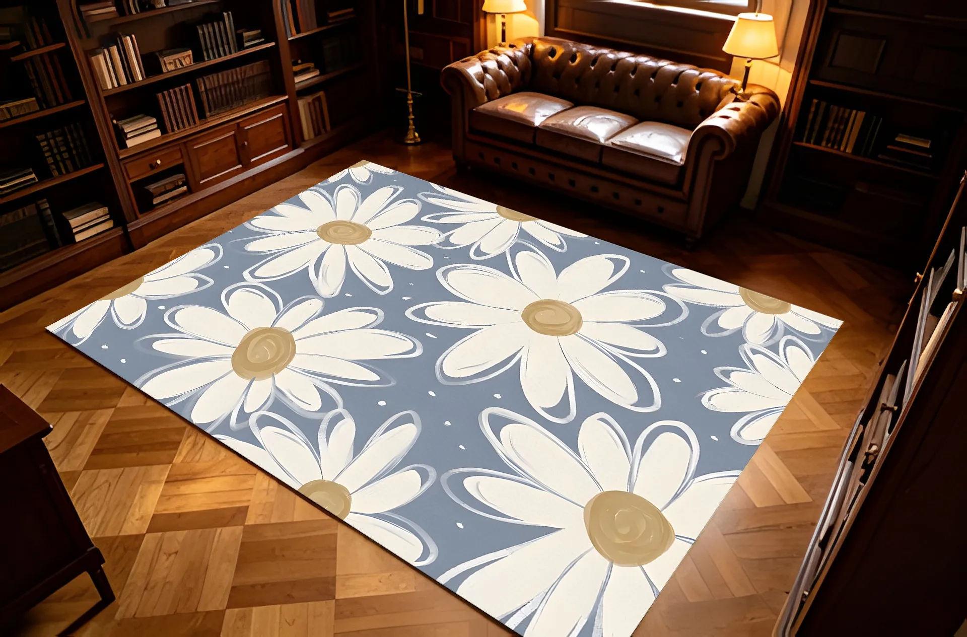 Hand-Painted Daisy Print on a Misty Blue Background, Perfect for a Fresh, Spring-Like Look This Velvet Rug Can Be Used in the Bedroom, by the Bedside, or in the Living Room to Create a Soothing and Warm Atmosphere.