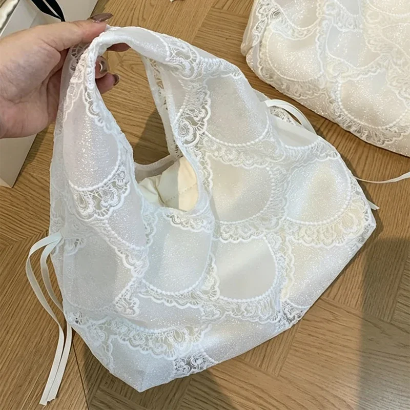 

French Romantic Pearl Lace Handbag,bow Decorate,ballet Sweet Elegant Single Shoulder Bags, Large Capacity Simple Casual Tote Bag