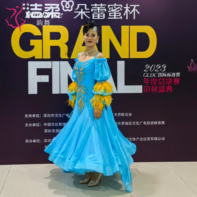 B-23206 Custom New International Standard Ballroom Dance Dress High Quality Pearl Silk Ballroom Dance Dresses for Sale