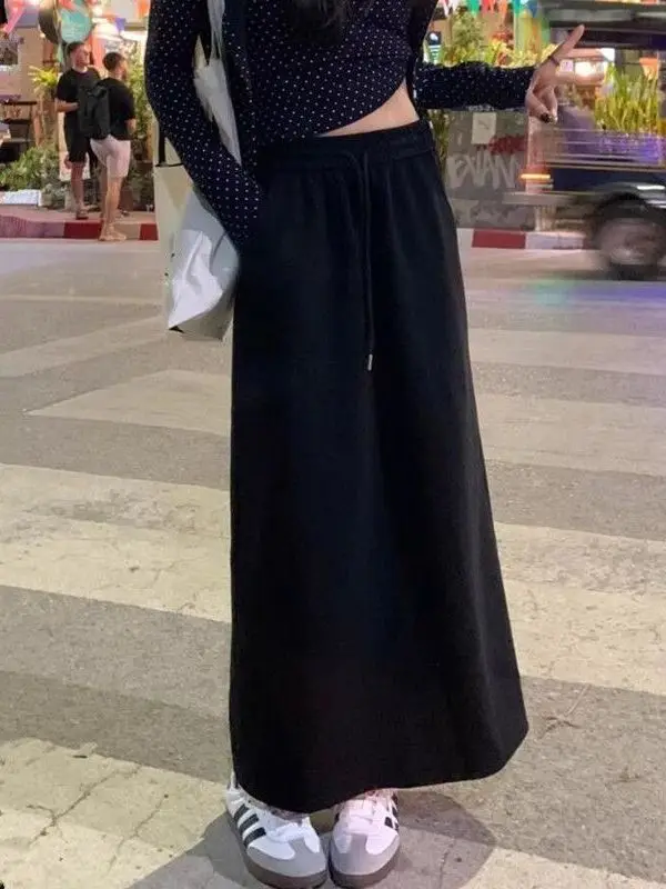 Casual Cotton Drawstring High Waist Midi Skirt Women's Loose A-Line Skirt Pure Cotton Straight Leg Split Long Skirt