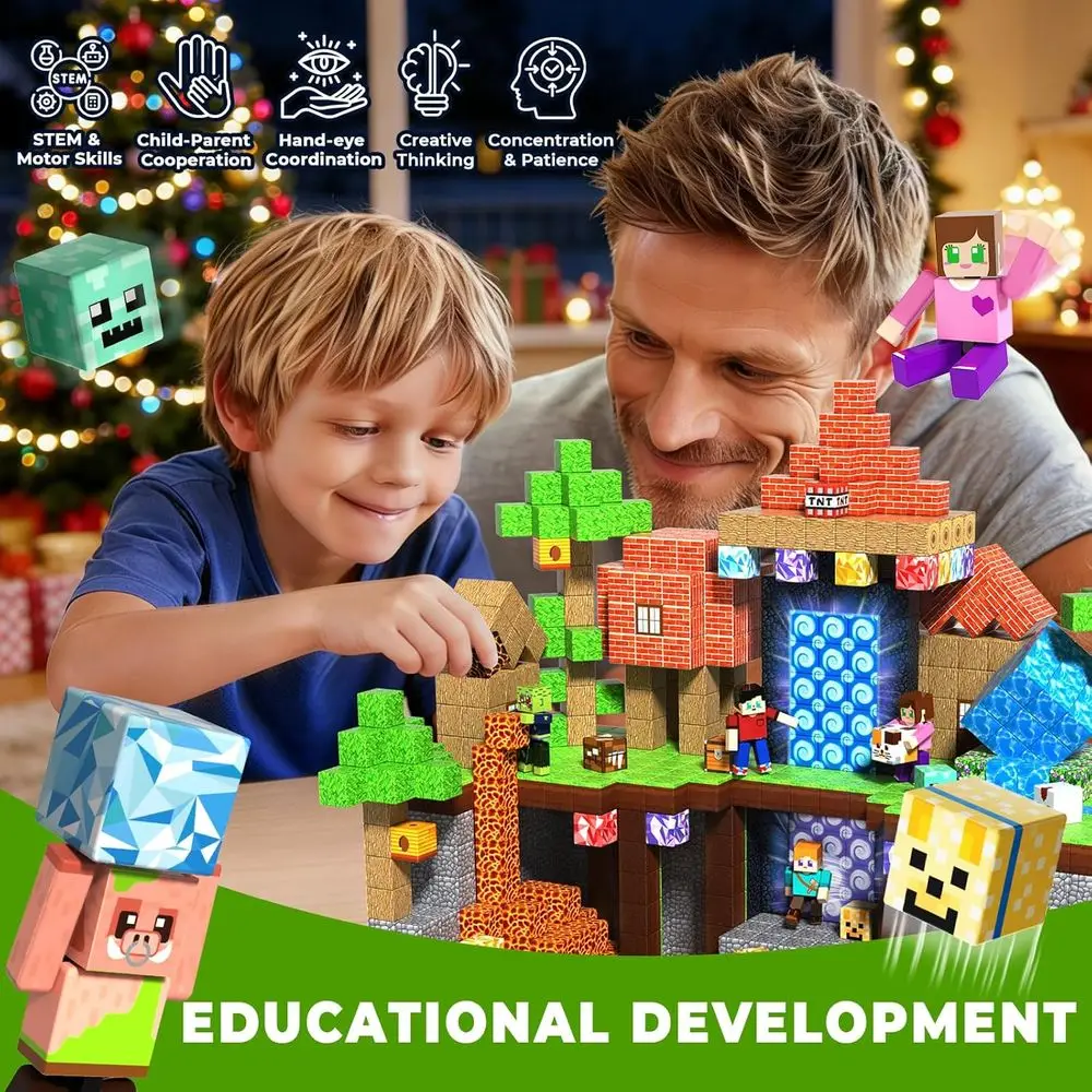 Ensemble de construction magnétique 210 pièces avec 8 figurines d'action, jouets STEM 2025 pour enfants, cadeau de noël, apprentissage imaginatif pour garçons et