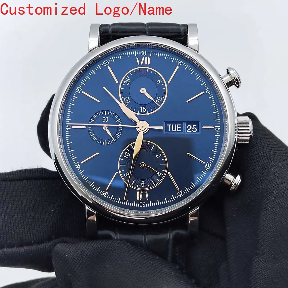 التقويم الروماني الهاتفي الياقوت الفاخرة الجديدة الرجال التلقائية الميكانيكية ووتش الفولاذ المقاوم للصدأ الأسود الأزرق ساعات جلدية مخصصة #1