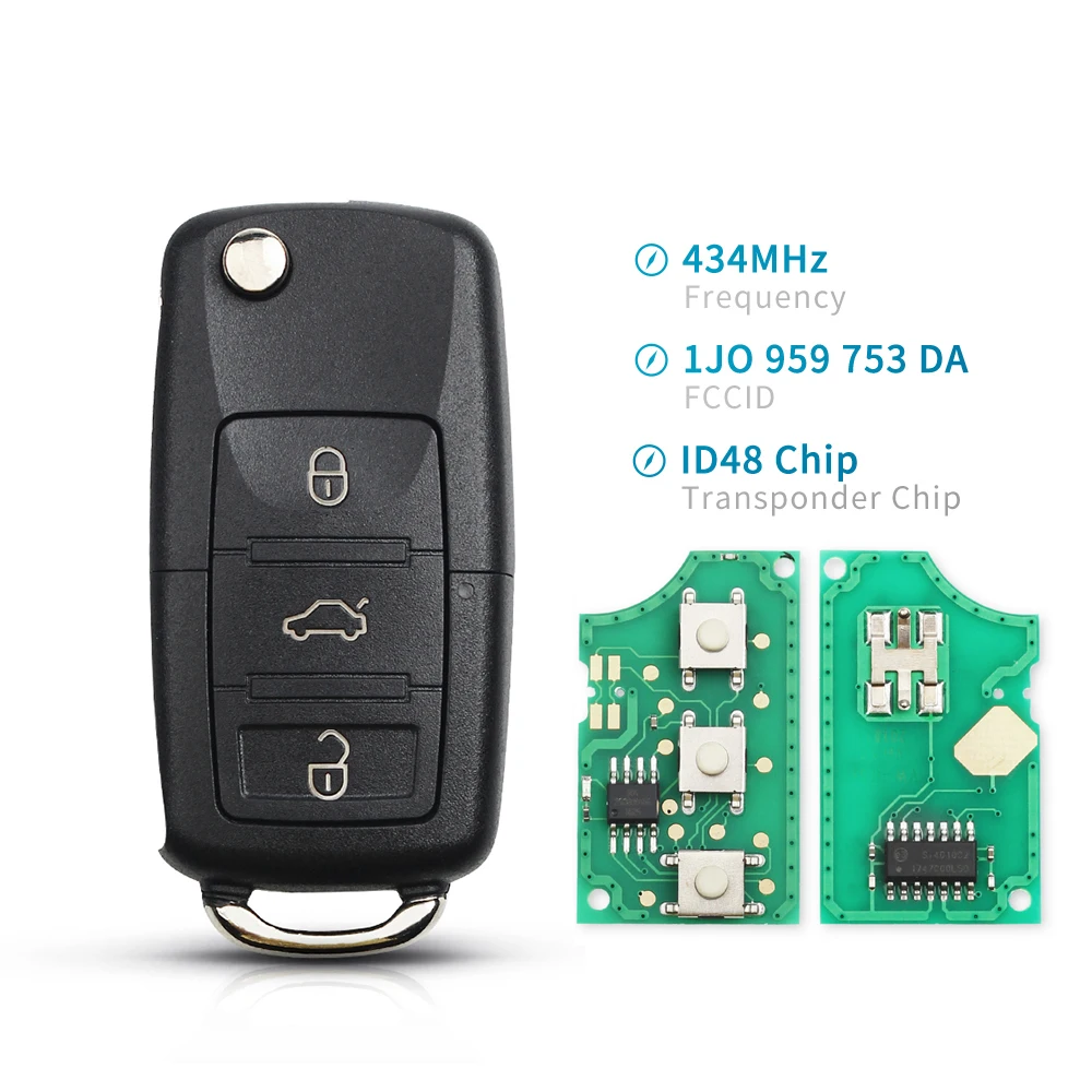 KEYYOU 3-Tasten-Flip-Fernbedienung für Autoschlüsselanhänger für VW PASSAT Polo Skoda Seat CADDY Golf Beetle JETTA 1J 0959753 DA/AH 1K 0959753 G 434 MHz