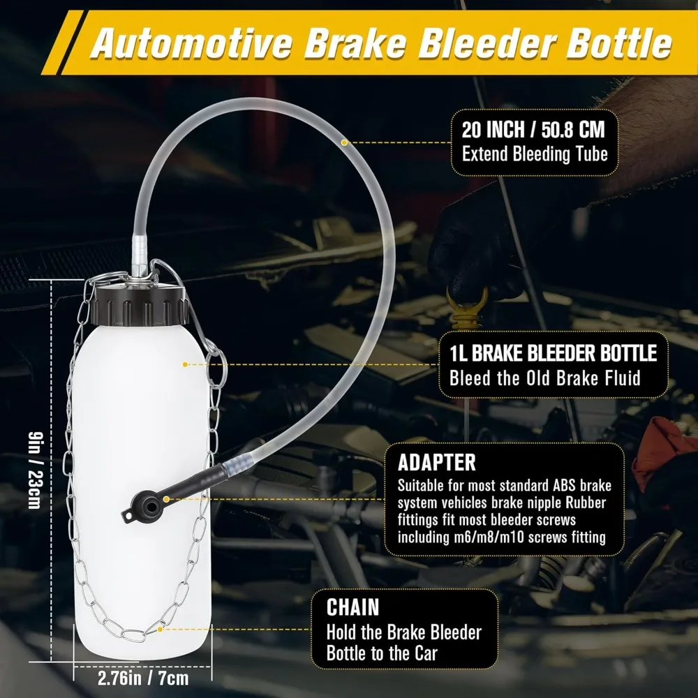 1L Brake Bleeder Bottle with 20 Inch Tube and Rubber Connector, One Person Brake Bleeder Bottle Brake Bleeder Kit