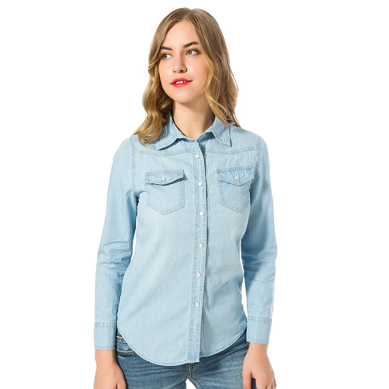 Autumn 2024 Denim Shirts & Blouses Women Long Sleeve Top Sky Blue Color Single Buttons Elegant Korean Tops Shirts With Pockets