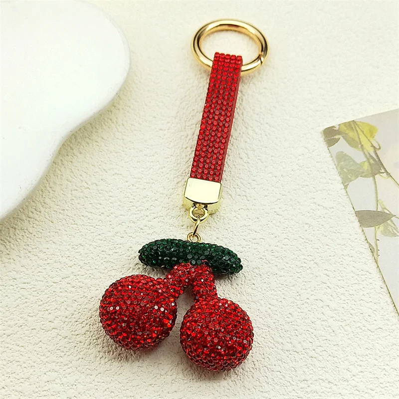 

Red Cherry Female Key Ring For Women Men Crystal Rhinestone Kawaii Bag Hanging Decoration New Fashion Keyrings Jewelry Gifts