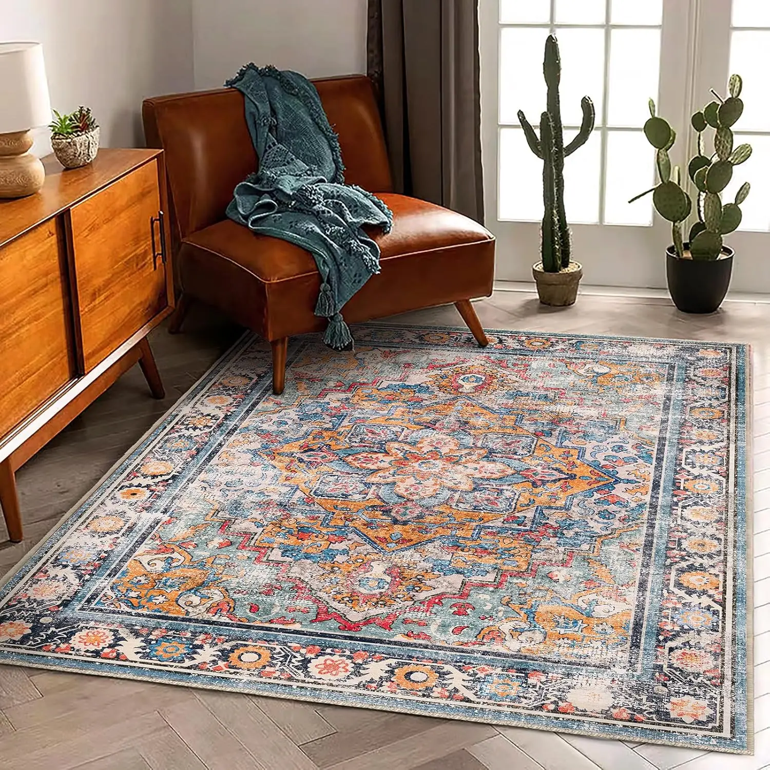 Vintage Distressed Persian Living Room Rugs Bedroom Bedside Floor Mat Light Luxury Home Decoration Printed Rug Machine Washable