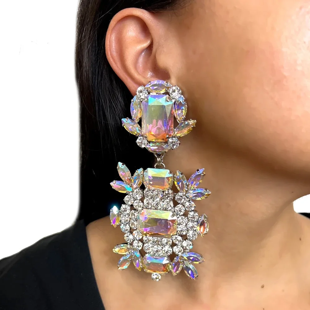 

Bohemian AB Rhinestone Geometric Dangle Earrings Wedding for Women Luxury Designer Statement Decor Bridal Jewelry Accessories