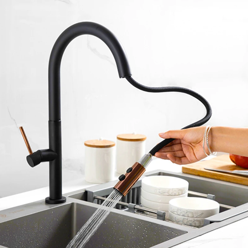 Pull Out Smart Touch Control Kitchen Faucets Sensor Singe Handle 360 Rotation Sink Faucet 2 Outlet Water Mixer Taps Black White