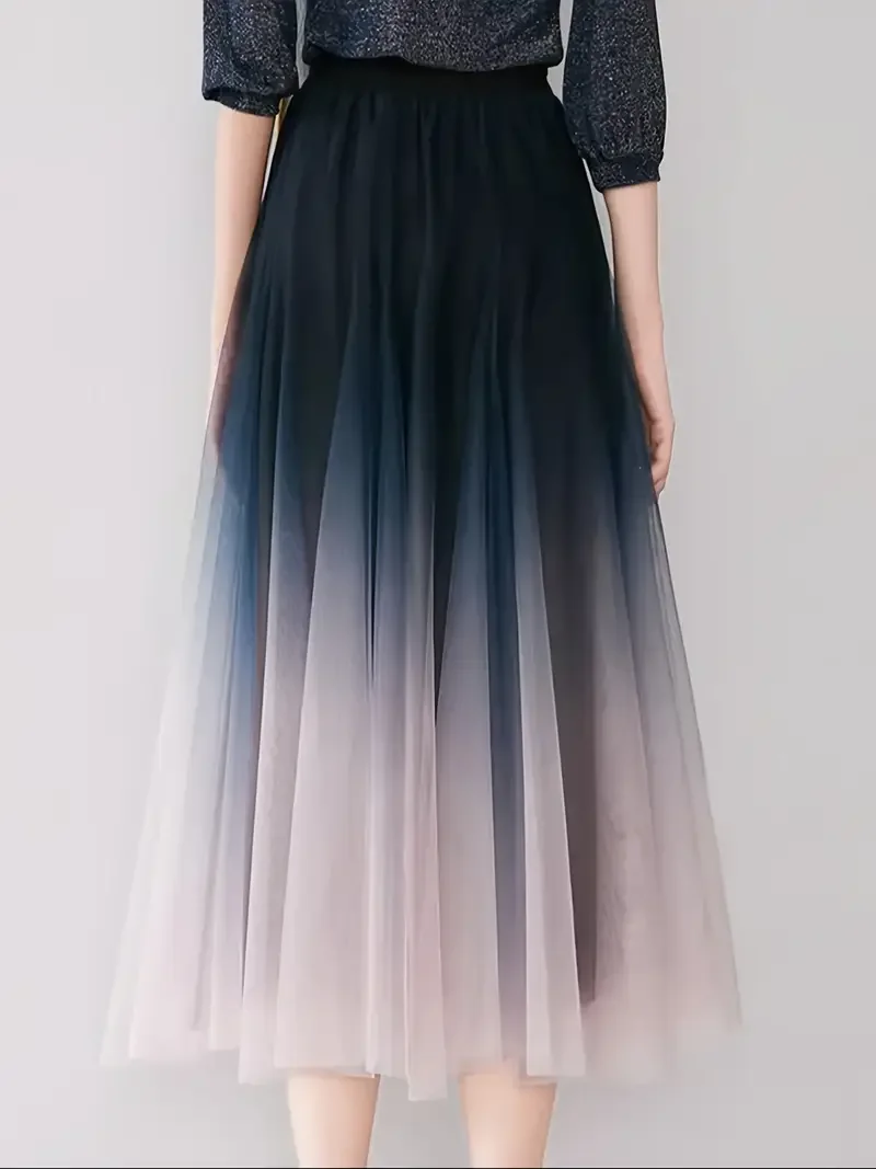 Elegant Skirt That Can Be Worn in All Seasons, Elastic Waist, Gradient Color, Double-Layered Mesh Skirt