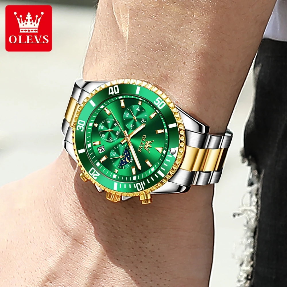OLEVS 2870 Chronograph Quartz Business Men Watch Fashion Moon Phase Waterproof Watch For Men Stainless Steel Original Wristwatch