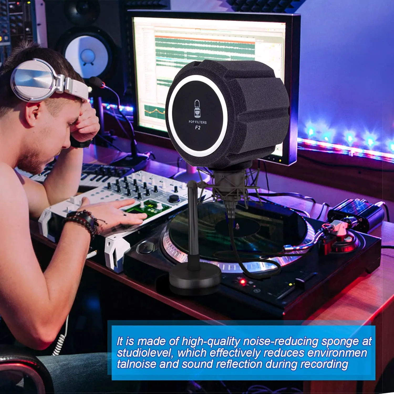 Facmogu Large Microphone Pop Filter Shield for Mic Stand, Microphone Foam Screen Pop Filter, Sound-Absorbing Foam Windscreen Mic