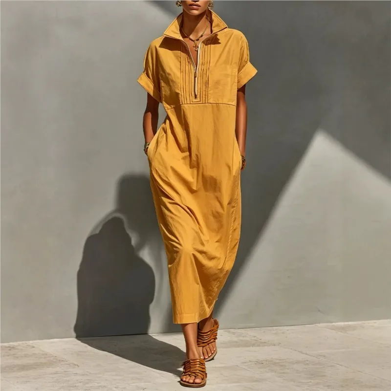 Womens Stand Collar Placket Loose Shirt Dresses Spring Summer Elegant Short Sleeves Long Dress Ladies Casual Holiday Party Dress