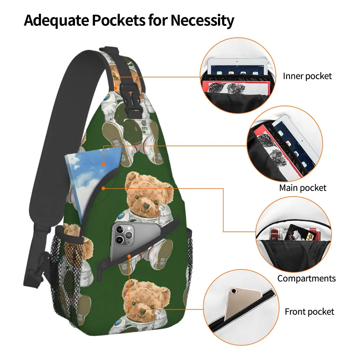 Polo Astrounut Crossbody Chest Bags Teddy Bear Pockets Travel Pack Messenger Sports Teens Shoulder Bag Unisex