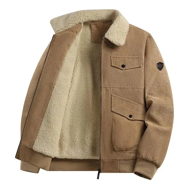 

Thickened Corduroy Jacket Lamb Fleece Warm Stand Collar Zipper Closure Polyester Fiber Winter New Arrival Plus Size Men's Coat