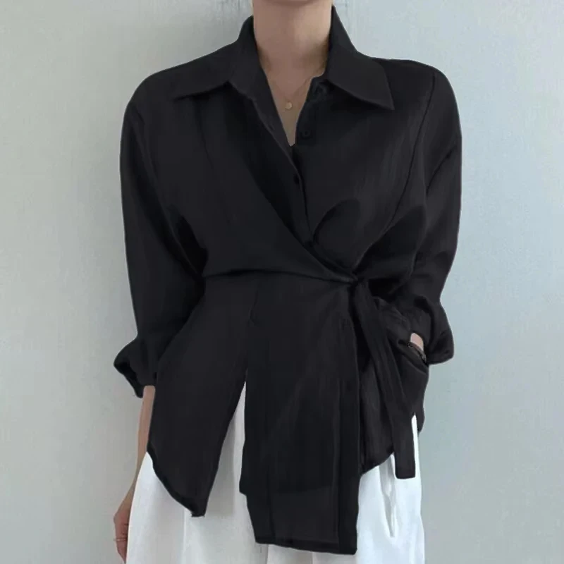 

Summer Elegant Blouses Loose Casual Shirt for Women Fashion Lace Up and Waist Cinching Blouse Irregular Sunscreen Shirts 15674