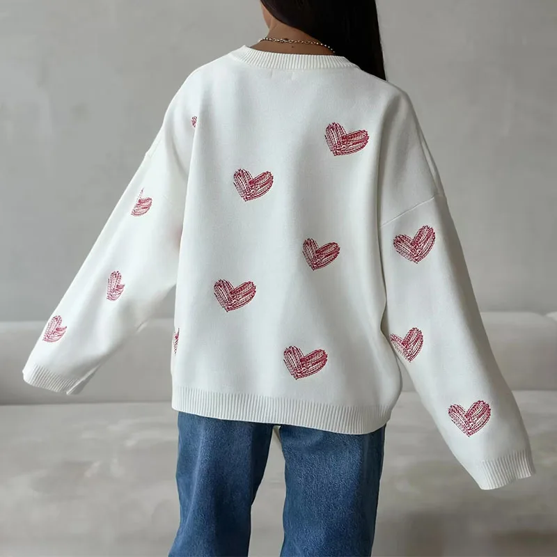 봄 가을 여성 라운드넥 긴팔 스웨터 여성 캐주얼 루즈 니트 풀오버 하트 프린트 탑 여성 시크 니트웨어