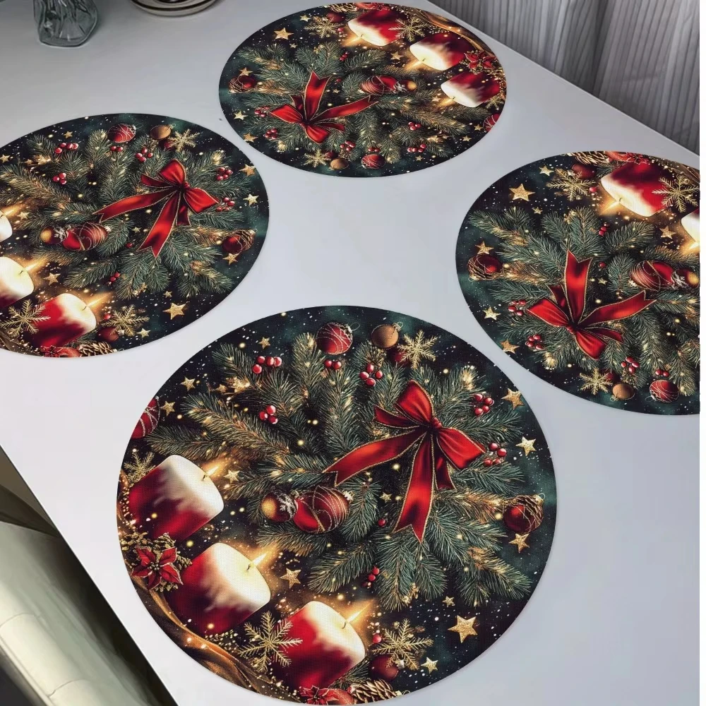 VIKAMA 4PC Winter Solstice Weihnachten Runde Tischsets Wasserdichte und wärmeisolierende Tischsets Festliche Heimdekoration
