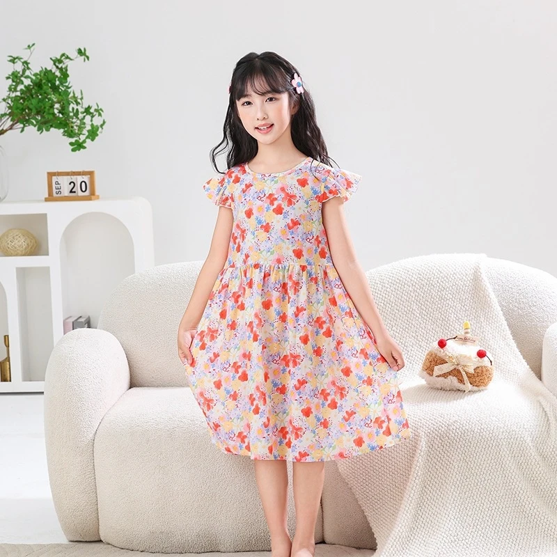 

26Summer girls' dress, children's floral dress, girl's flutter-sleeve princess dress, sweet home sleep dress for older children