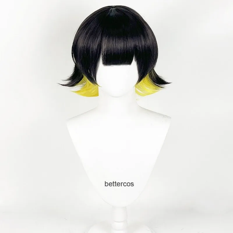 Anime Blue Lock Bachira Meguru Cosplay Short Black Yellow Bachira Meguru Cosplay Wig Heat Resistant Hair Party Wigs + Wig Cap
