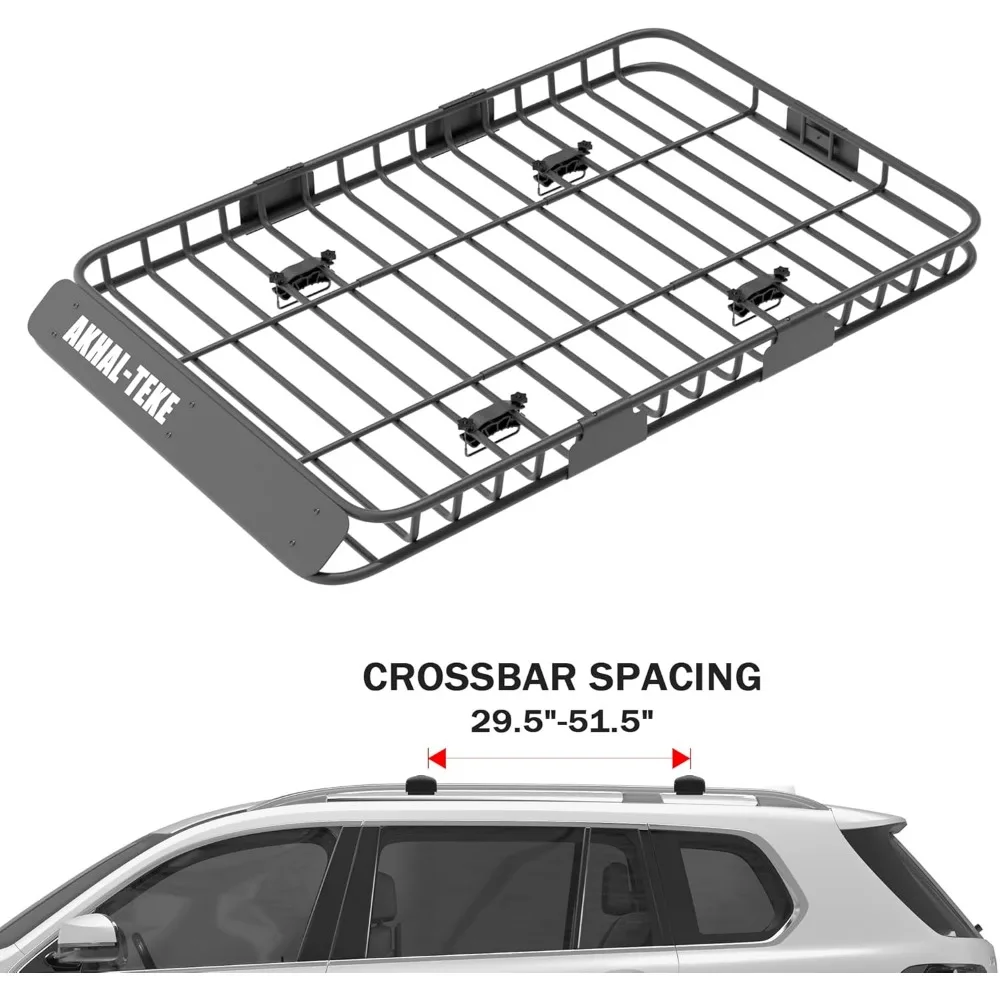 سلة حامل السقف، حامل شحن مثبت على حامل السقف مقاس 64 × 39 بوصة × 4 بوصة مع حقيبة شحن مقاس 21 قدمًا مكعبًا، شبكة شحن 3 × 4 بوصات، قطعتان من السقاطة #5