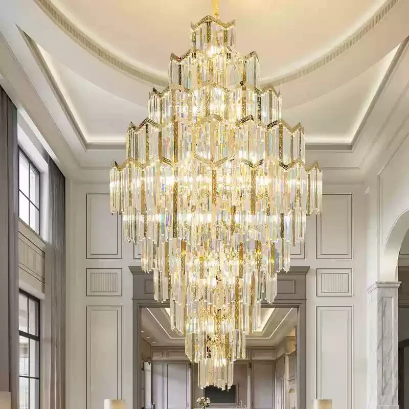 European Luxury Multi-Layer Geometric Crystal Chandelier, Gold Grand Pendant Light,  Duplex Villa Lobby Living Room Lighting