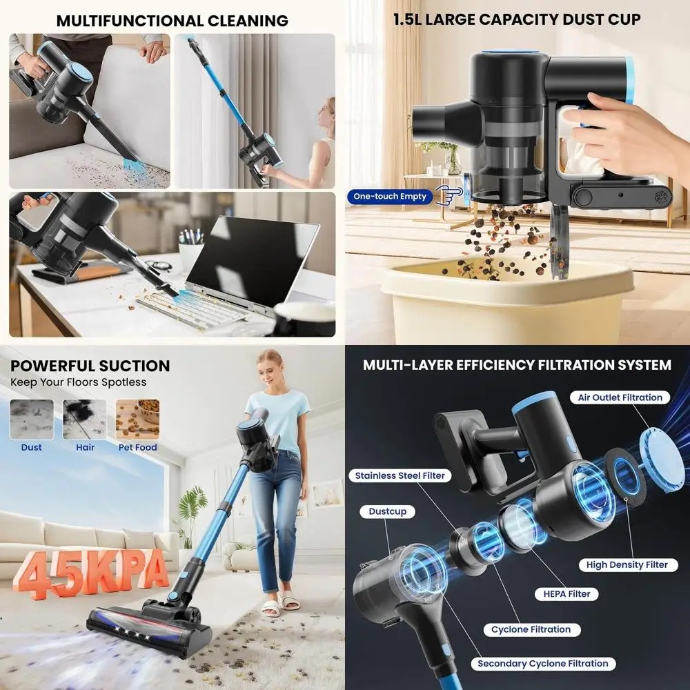 

Беспроводной пылесос, всасывание 44 кПа, аккумулятор 55 минут, мусорная корзина объемом 1,5 л, идеально подходит для пола, ковров, шерсти домашних животных