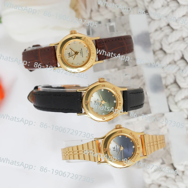 

Классические позолоченные маленькие золотые часы в стиле ретро, сделано в Шанхае, черный кожаный ремешок, ручные механические часы 1990-х годов