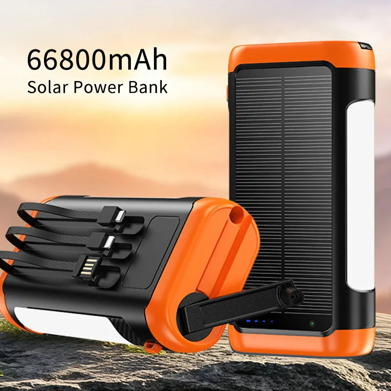 

66800mAh Hand Crank Solar Power Bank with Cable LED Light External Battery Portable Charger Powerbank for iPhone 16 15 14 Xiaomi