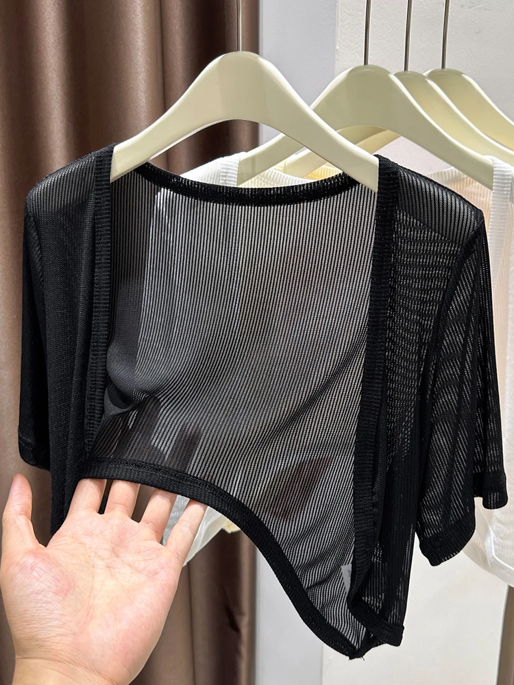 

Новый летний тонкий кардиган из ледяного шелка для женщин, легкая накидка-жакет с открытыми плечами