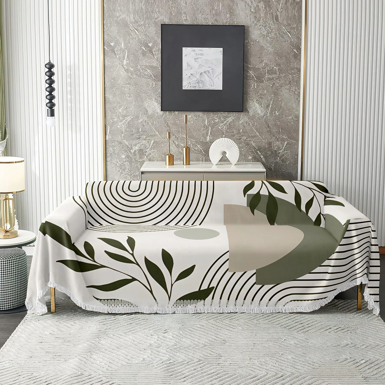1pc Minimalist Leaf Line Art Sofa Throw Blanket, Fringe Tassel Couch Cover for Living Room, Soft Washable
