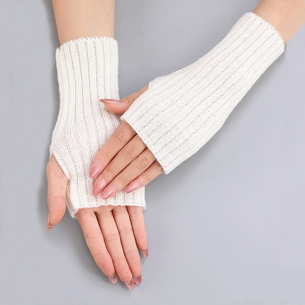 1 Pair Autumn Winter Short Arm Sleeves Half Finger Gloves For Women Solid Color Knitted Fingerless Gloves Hand Warmer Mittens
