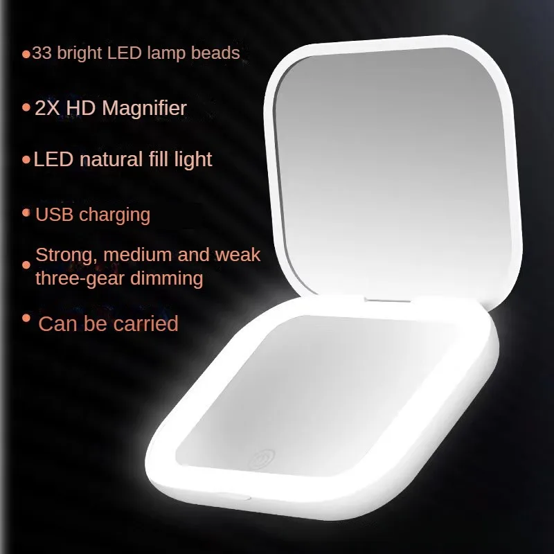 Compacte Mini Led Licht Make-Up Spiegel Met 2x Vergrotende Draagbare Handzak Reizen Opvouwbare Vrouwen Cosmetische Zakspiegel