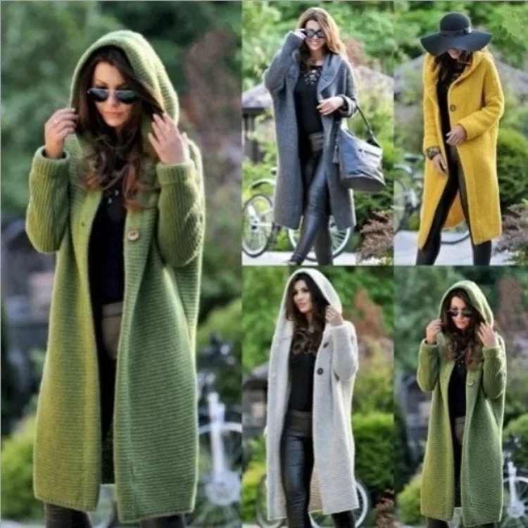 

2024 New Women's Clothing Medium And Long Hooded Cardigan Long-sleeved Button Women's Sweater Knitted Sweater Spring And Autumn