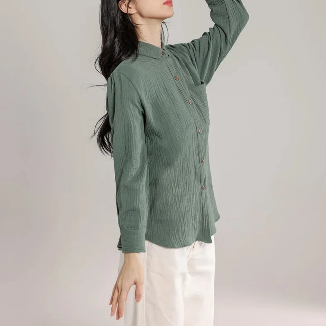 Muslin 100% Cotton Women\'S Shirt Turn Down Collar Long Sleeve Tops Chic Elegant Button Up Shirt Fashion Woman Blouse 2024