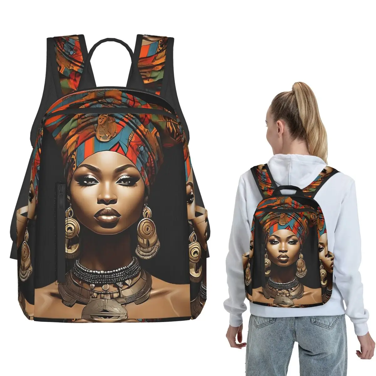 

African Headwrap Woman Design Backpack Daypack Kids BookBag School Bag Shoulder Bags for Men Women