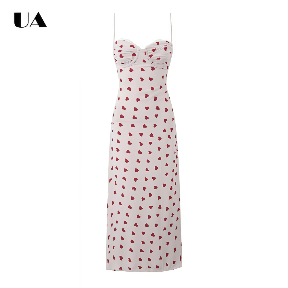 

Fashionable Printed Sheath Midi Dress with Spaghetti Straps Elegant Lace-trimmed Sweetheart Neck Long Dress Elegant Zipped Dress