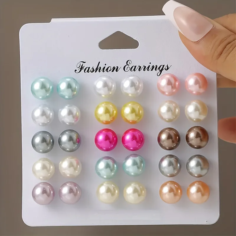 15 Pairs of Circular Colored Dopamine Minimalist Artificial Pearl Earrings Set, Suitable for Daily Wear and Fashionable Jewelry