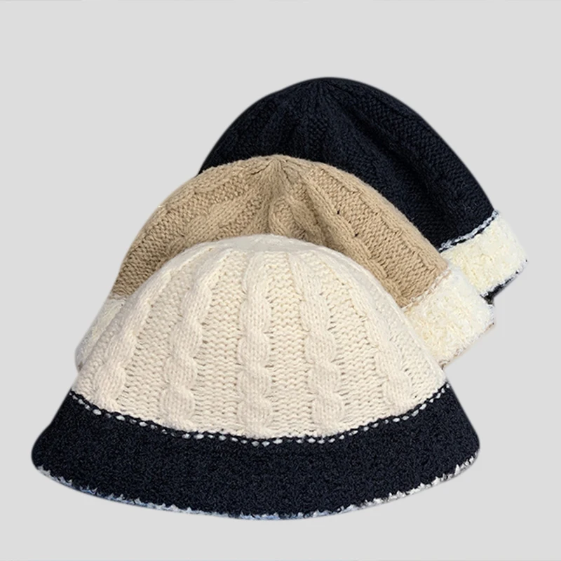 MAXSITI U Autumn and winter contrast bucket hat for women cable-knit fisherman hats vintage woolen knitting basin caps