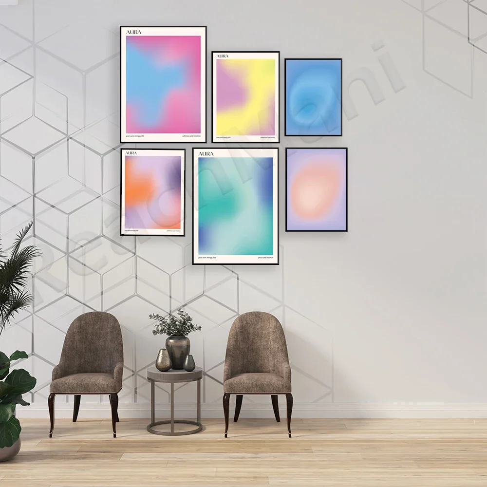 Aura Energy positieve bevestiging print, kleurrijke esthetische gradiënt halo print, spirituele kunst, moderne minimalistische design poster